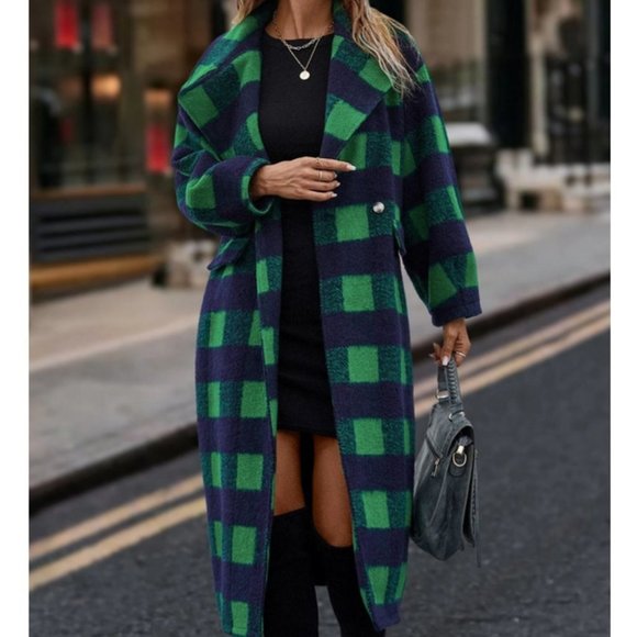 Casual Plaid Double Buttoned Coat Overcoat jacket Green Blue - Picture 2 of 6